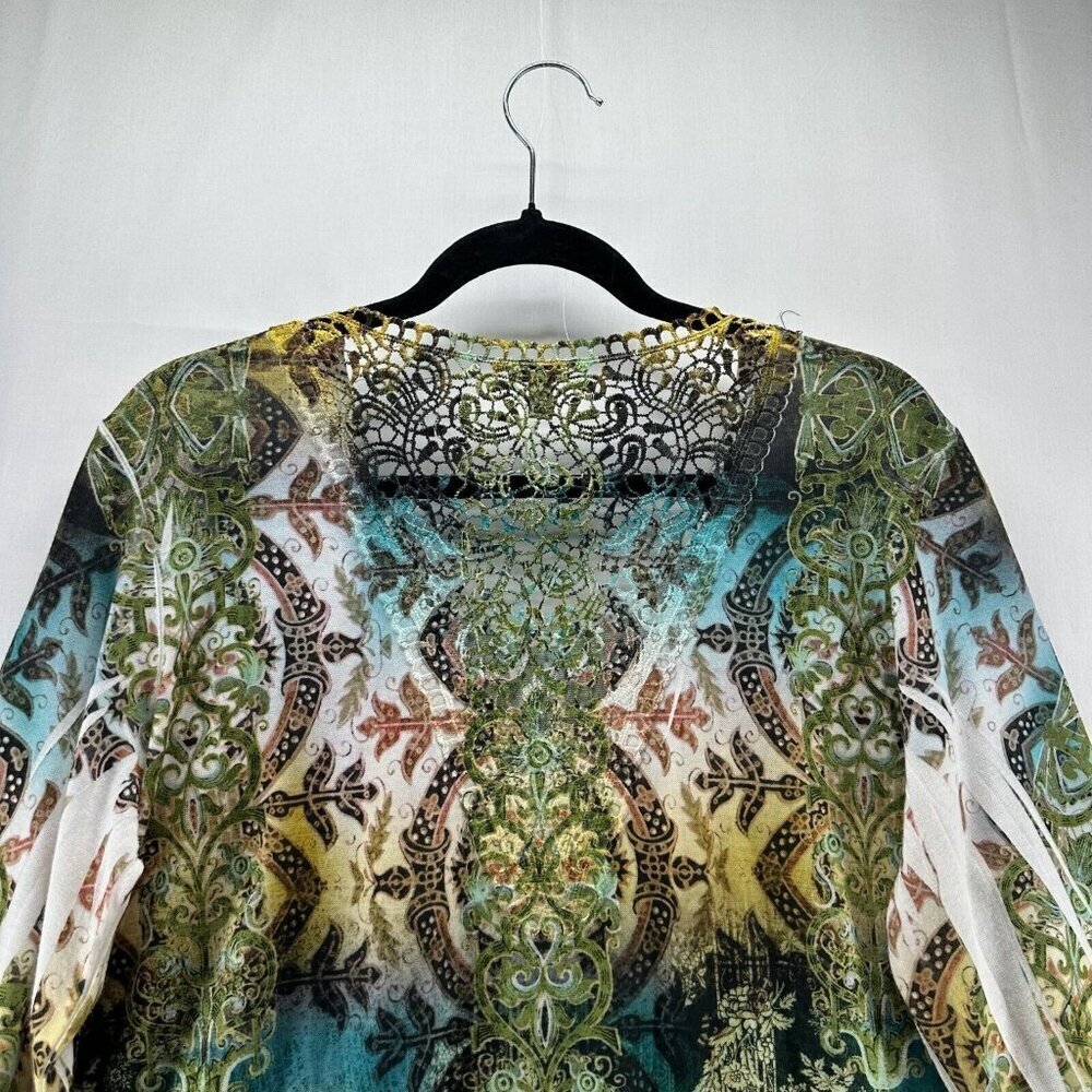 Reba Tunic Womens Sz L Burnout Ombre Lace Trim Asymmetric Long Sleeve Multicolor - Picture 5 of 10
